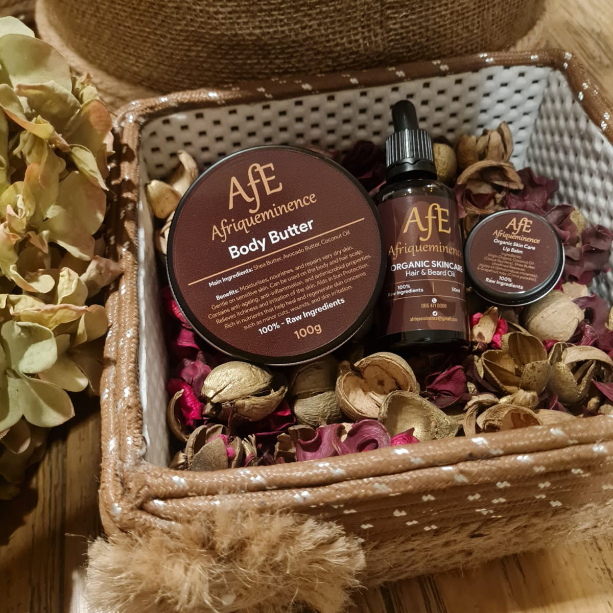 AFE BODY BUTTER, HAIR AND BEARD OIL, LIPBALM, AND COSMETICS BASKET COMBO