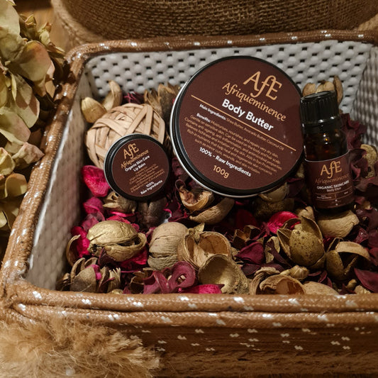 AFE BODY BUTTER, LIPBALM, BODY ELIXIR SAMPLE, AND COSMETICS BASKET COMBO