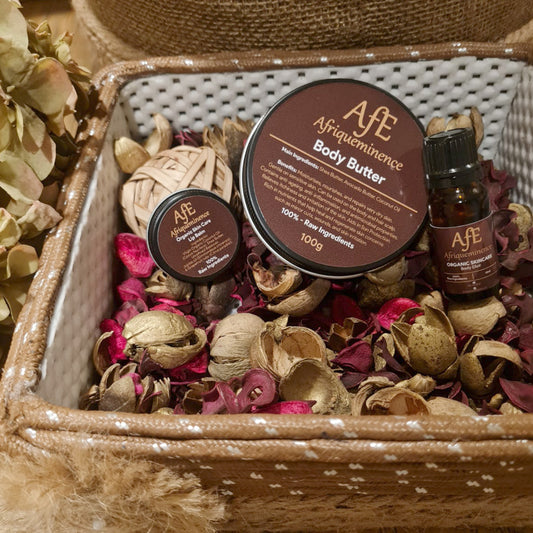 AFE BODY BUTTER, LIPBALM, BODY ELIXIR SAMPLE, AND COSMETICS BASKET COMBO