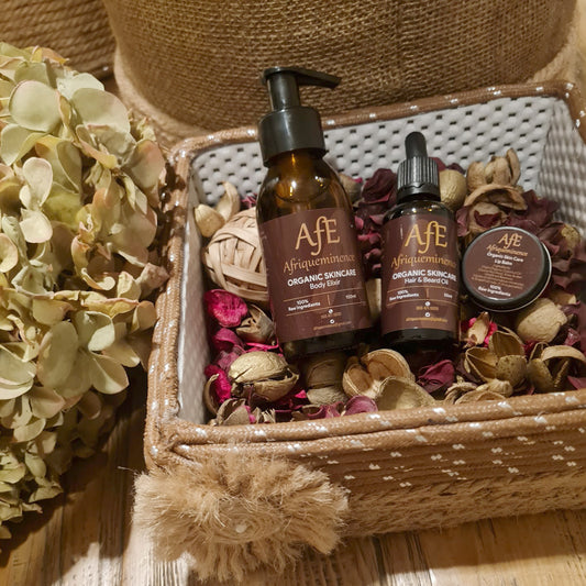 AFE BODY ELIXIR, HAIR AND BEARD OIL, LIPBALM, AND COSMETICS BASKET COMBO